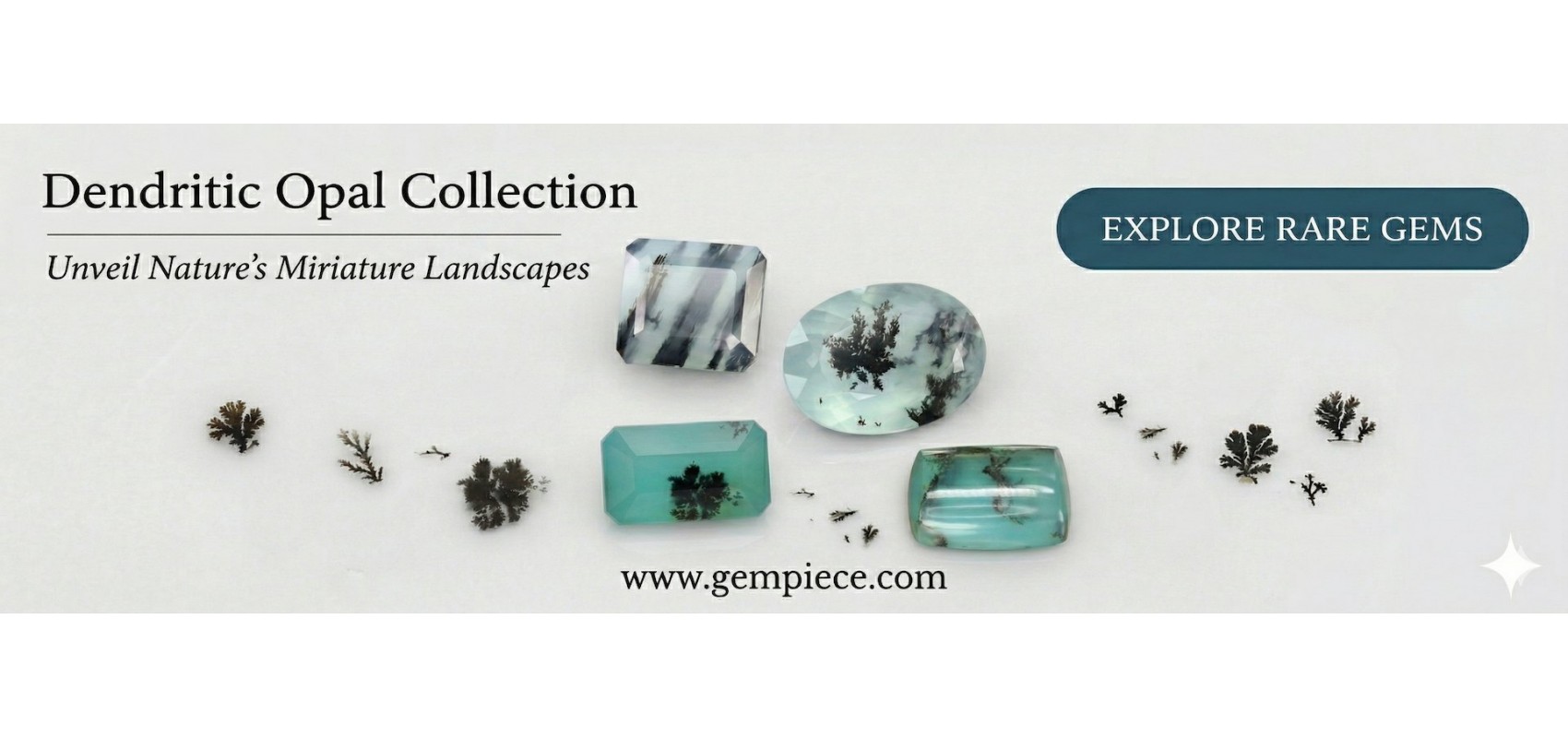 Dendritic Opal Collection homepage banner for gempiece.com, featuring various rare gemstones